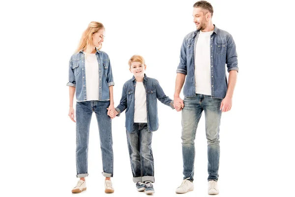 Full Length View Boy Holding Hands Parents Isolated White — Stock Photo, Image