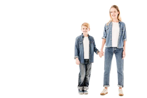 Full Length View Happy Mother Son Holding Hands Isolated White — Stock Photo, Image