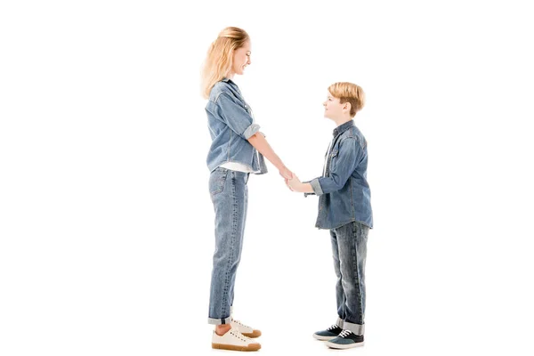 Side View Happy Mother Son Holding Hands Looking Each Other — Stock Photo, Image