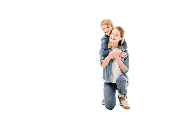 Happy Mother Son Embracing Isolated White — Stock Photo, Image