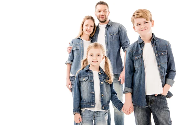 Feliz Família Sorridente Jeans Abraçando Segurando Mãos Isoladas Branco — Fotografia de Stock