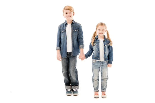 Full Length View Kids Holding Hands Isolated White — Stock Photo, Image