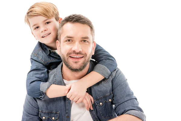 Eccitato Sorridente Ragazzo Abbracciando Padre Isolato Bianco — Foto Stock