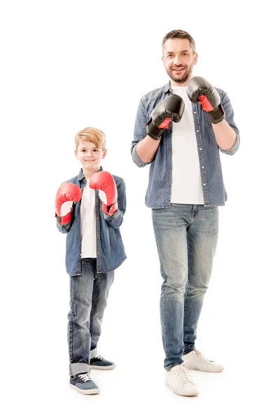 Full Length View Father Son Boxing Gloves Isolated White — Stock Photo, Image