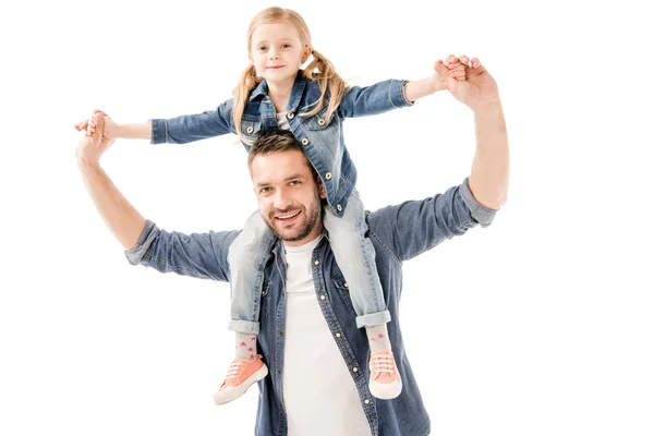 Padre Sorridente Che Tiene Figlia Spalle Isolate Bianco — Foto Stock