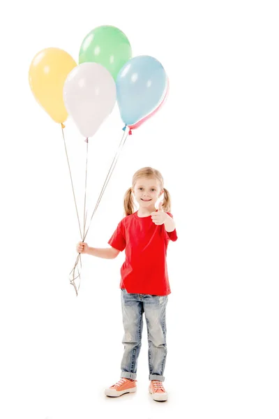 Vue Pleine Longueur Gamin Souriant Tenant Des Ballons Colorés Montrant — Photo