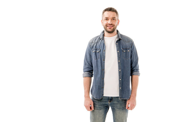 front view of smiling bearded man in denim shirt isolated on white