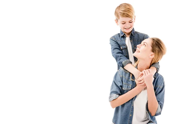 Happy Mother Son Embracing Isolated White Stock Picture