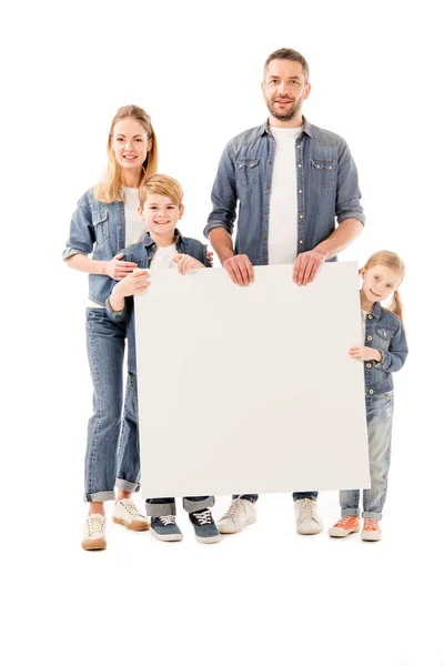 Fuld Længde Udsigt Lykkelig Familie Smilende Holde Blank Plakat Isoleret Stock-billede