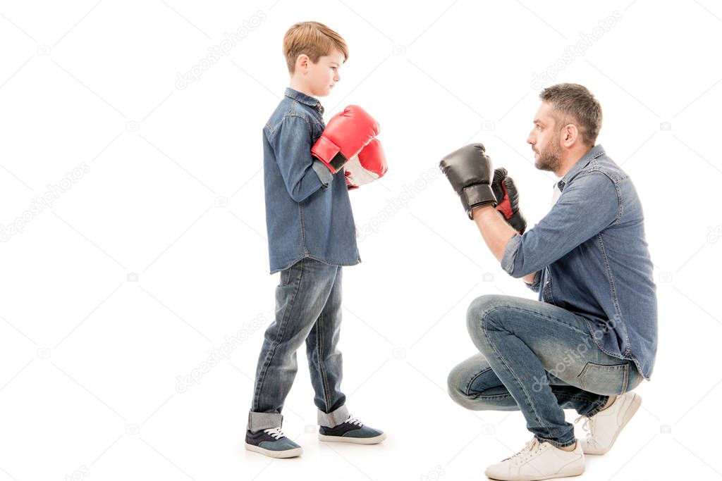 father and son in boxing gloves isolated on white