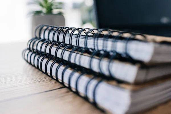 Primer plano imagen de tres libros de texto y maceta de la planta en la mesa de madera - foto de stock