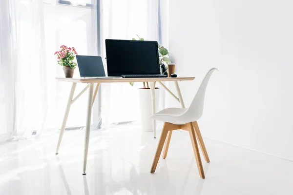 Interior del lugar de trabajo con silla, plantas en maceta, computadora portátil y computadora en la mesa - foto de stock