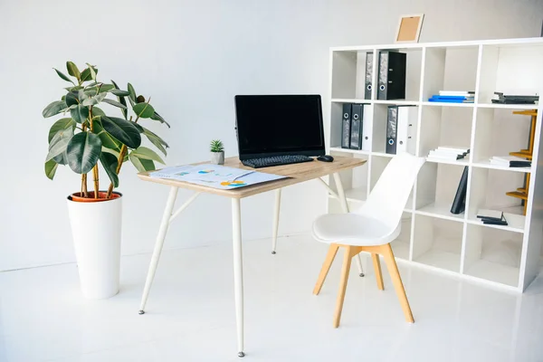 Interior de la moderna sala de oficina con plantas en maceta, silla, mesa, infografías, ordenador y estantes - foto de stock