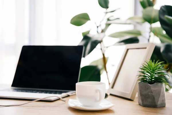 Vue rapprochée de tasse de café, ordinateur portable, plantes en pot et cadre photo sur la table — Photo de stock
