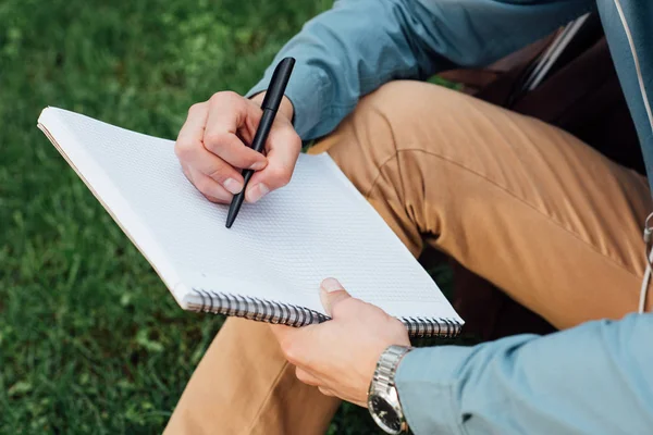 Cropped shot of young man writing in blank notebook while sitting on grass — Stock Photo
