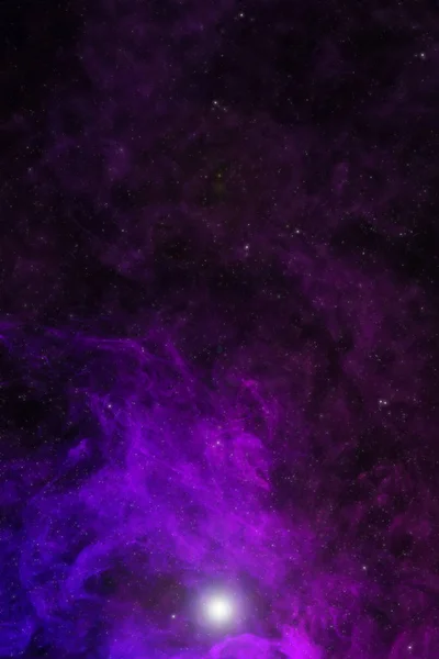 Magnifique fond d'univers avec fumée violette, étoiles et lumière rayonnante — Photo de stock