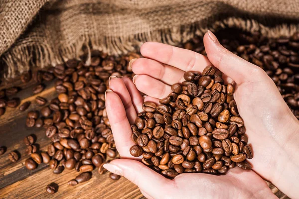 Plan recadré de femme tenant grains de café torréfiés — Photo de stock