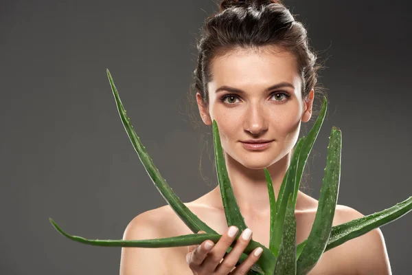 Elegantes nacktes Mädchen mit grüner frischer Aloe, isoliert auf grau — Stockfoto