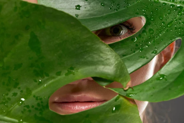 Hermosa joven mujer detrás verde monstera hojas - foto de stock
