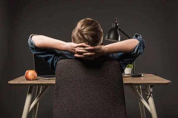 Visão traseira do menino descansando à mesa com maçã, laptop, lâmpada e planta em fundo cinza — Fotografia de Stock