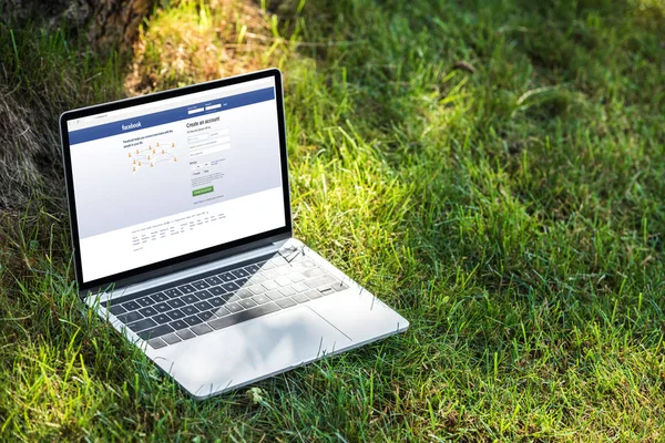 Vista de cerca de la computadora portátil con facebook sitio web en la hierba al aire libre - foto de stock