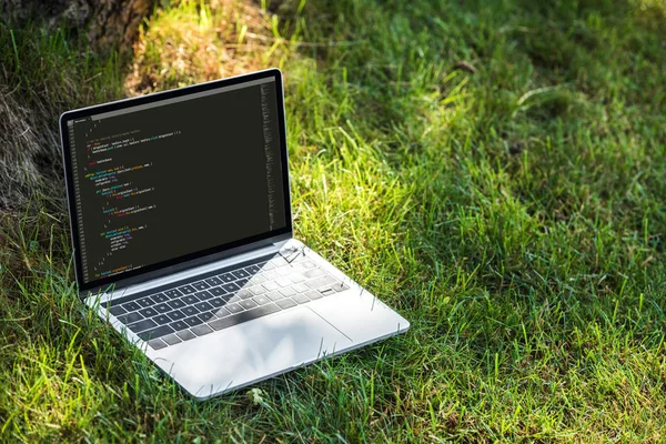 Vista de cerca de la computadora portátil con código de lenguaje de programación en hierba al aire libre - foto de stock