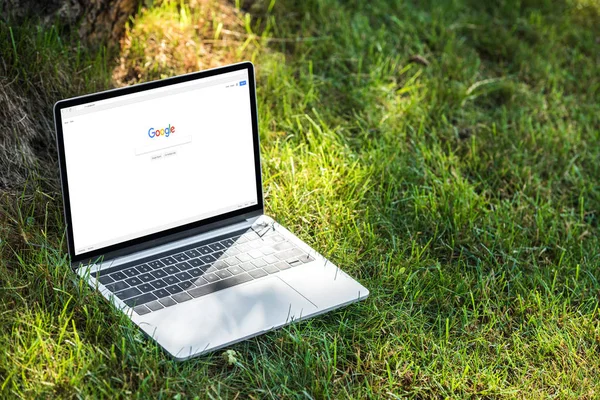 Close up view of laptop with google website on grass outdoors — Stock Photo