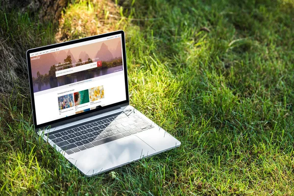 Close up view of laptop with shutterstock website on grass outdoors — Stock Photo