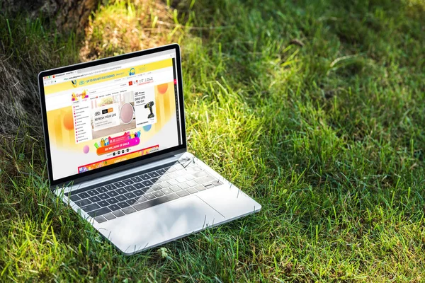 Close up view of laptop with aliexpress website on grass outdoors — Stock Photo