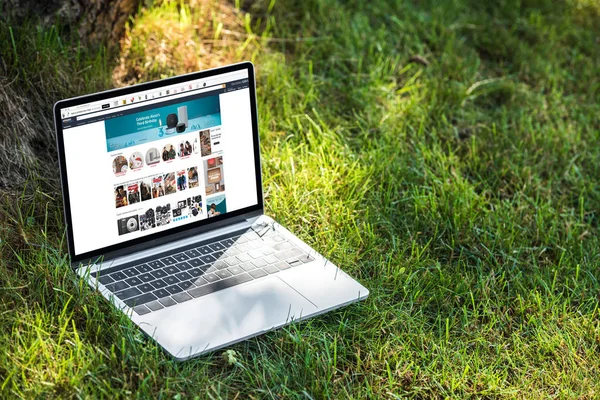 Vista de cerca de la computadora portátil con sitio web amazon en la hierba al aire libre - foto de stock