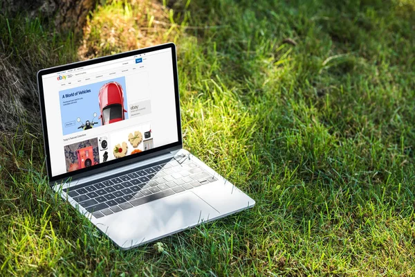 Vista de cerca de la computadora portátil con el sitio web de eBay en la hierba al aire libre - foto de stock