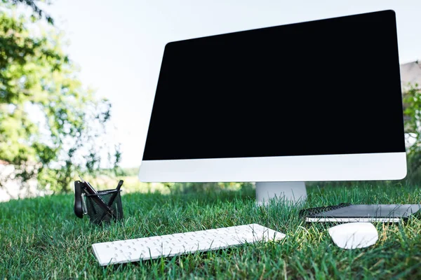 Enfoque selectivo del libro de texto y la computadora con pantalla en blanco en la hierba al aire libre - foto de stock