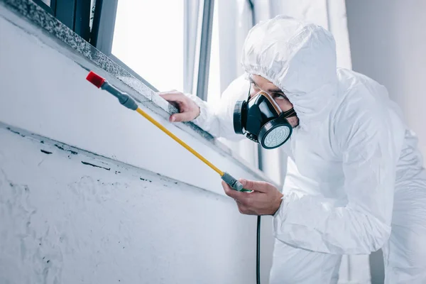 Trabajador de control de plagas pulverización de pesticidas bajo el alféizar de la ventana en casa - foto de stock