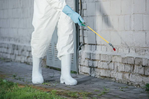 Imagem cortada do trabalhador de controle de pragas pulverizando pesticidas com pulverizador na parede da construção — Fotografia de Stock