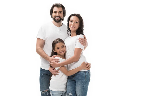 Portrait of happy family in white shirts and jeans isolated on white — Stock Photo