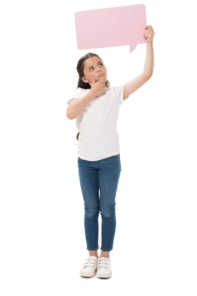 Criança pensativa com bolha de fala em branco isolado em branco — Fotografia de Stock
