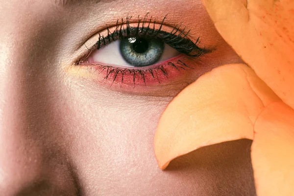 Partial view of beautiful young woman with colorful eyeshadows and orange lily flower — Stock Photo