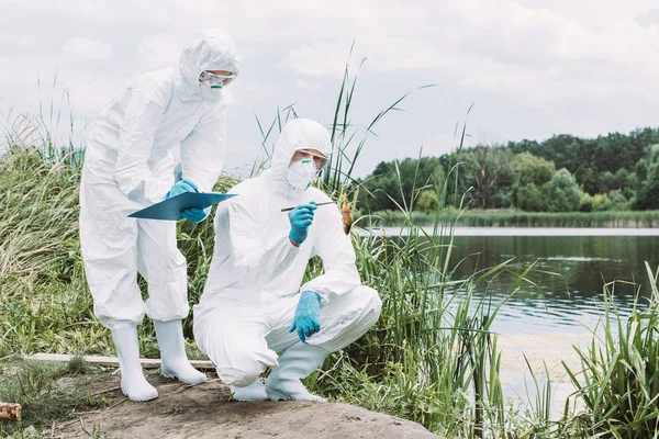 Dos científicos con máscaras protectoras y trajes examinando peces y escribiendo en portapapeles cerca del río - foto de stock