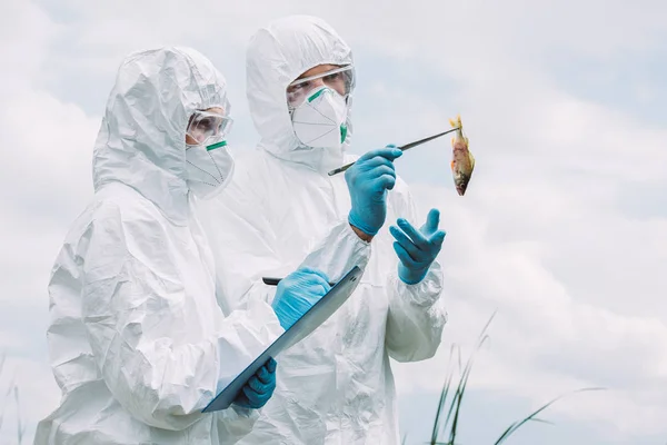 Scientists in protective masks and suits examining fish and writing in clipboard against cloudy sky — Stock Photo