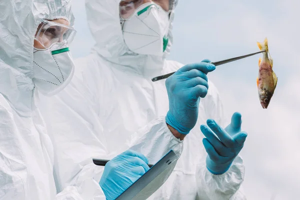 Selective focus of scientists in protective masks and suits examining fish and writing in clipboard outdoors — Stock Photo