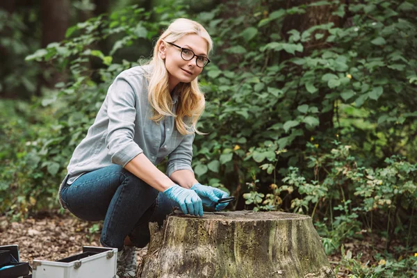 Femme scientifique souriante en gants de latex assise avec une pince à épiler et une loupe dans la forêt — Photo de stock