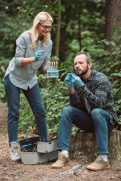 Científicos masculinos y femeninos examinando y tomando muestras de hojas secas en el bosque - foto de stock