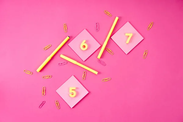 Top view of different colorful appliances on pink — Stock Photo