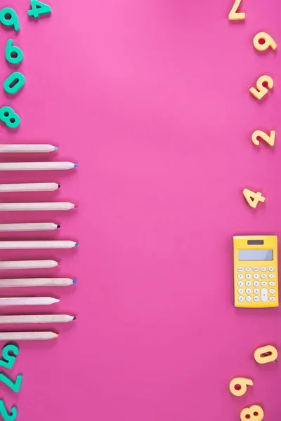 Flat lay with arranged various school appliances on pink — Stock Photo