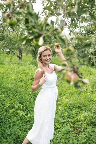 Элегантная улыбающаяся женщина, гуляющая в саду — стоковое фото
