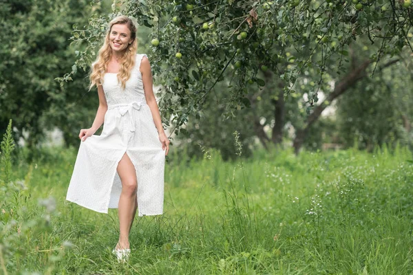 Mulher elegante em vestido branco posando no pomar de maçã — Fotografia de Stock