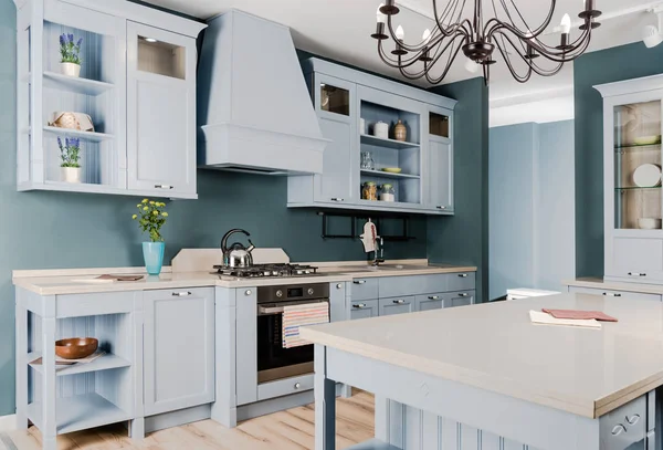 Interior de la moderna cocina ligera con muebles de madera blanca, plantas en maceta y araña — Stock Photo