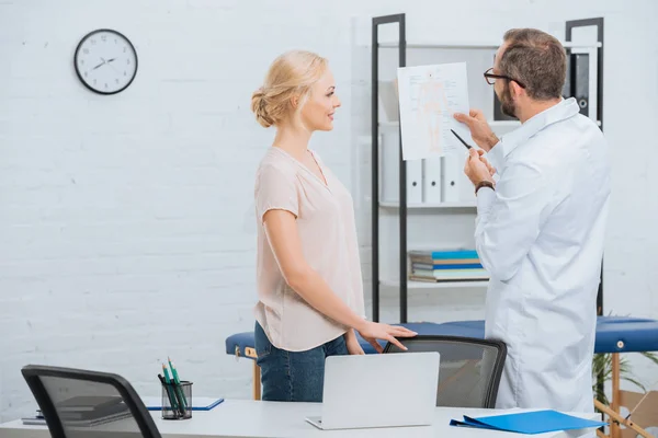 Chiropraktik im weißen Kittel zeigt Patientin im Krankenhaus das Schema des menschlichen Körpers — Stockfoto