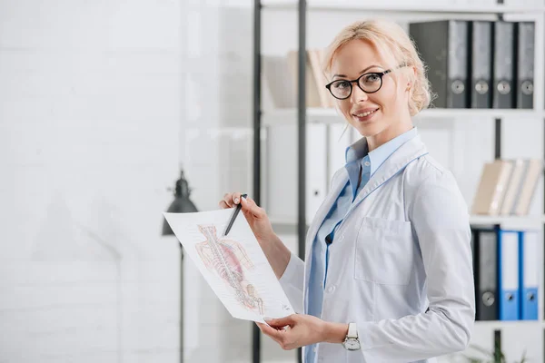 Side view of smiling chiropractor in eyeglasses and white coat pointing at human body scheme in clinic — Stock Photo