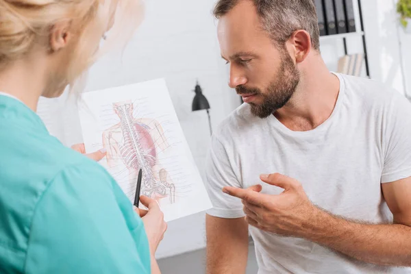 Chiropractic showing human body picture to male patient during appointment in clinic — Stock Photo